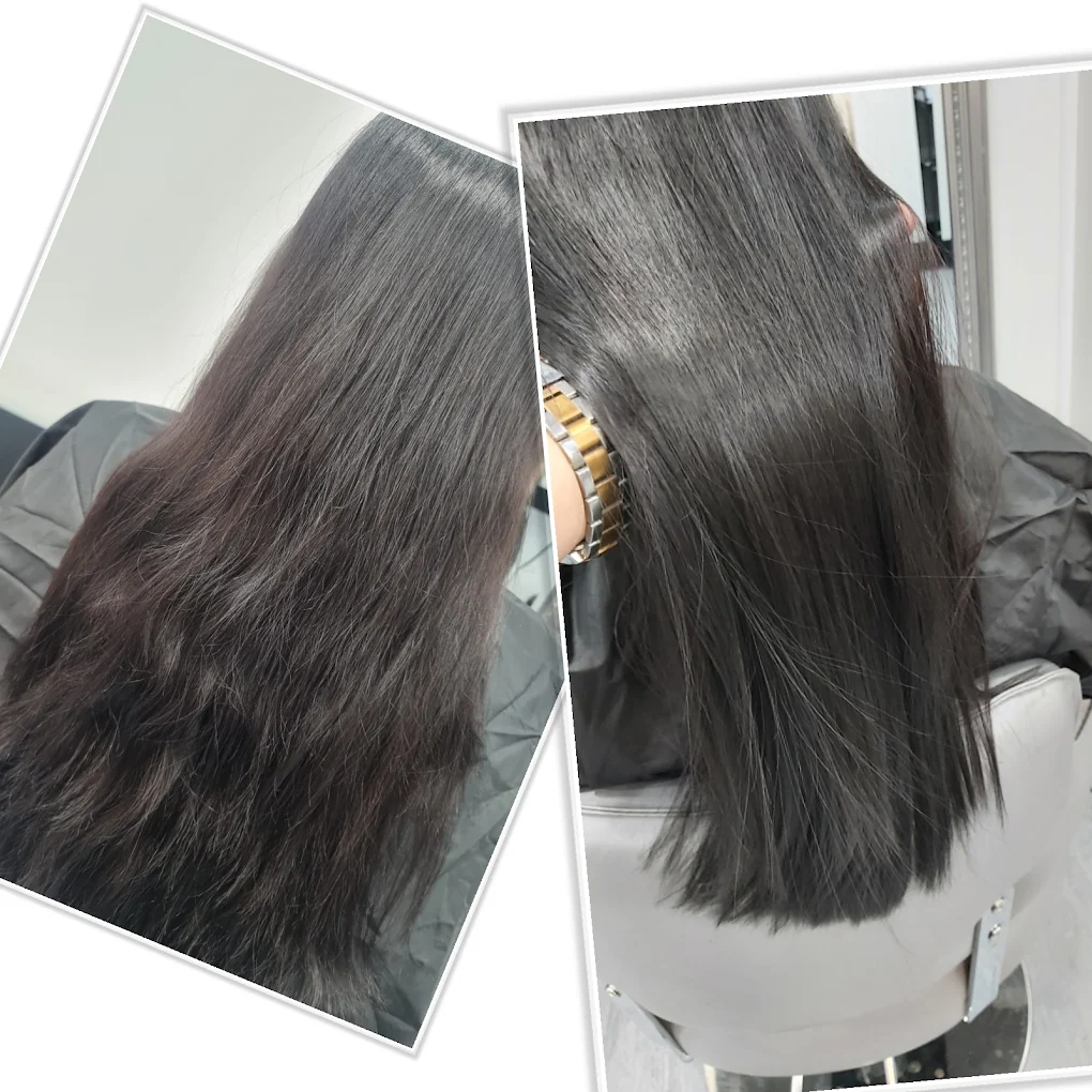 Long glossy dark hair styling result